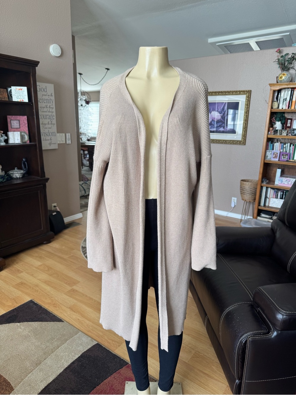 Kittenish light taupe long ribbed open front cardigan sweater-L